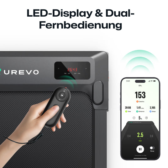 Das UREVO SpaceWalk E1L Laufband verfügt über ein LED-Display und eine doppelte Fernbedienung, die eine einfache Überwachung und Einstellung der Trainingsdaten ermöglicht.