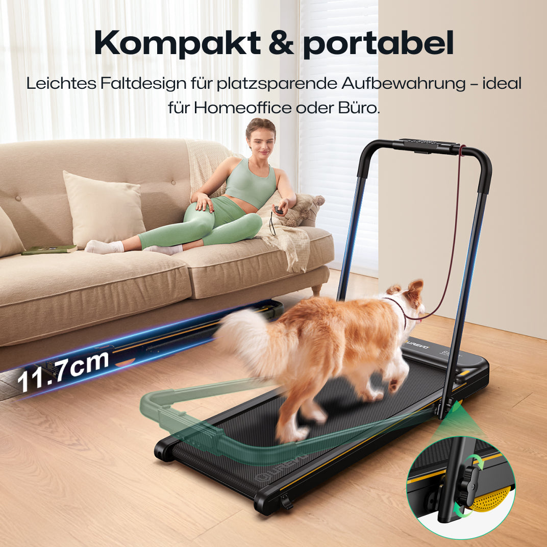 Das UREVO Strol 2E Smart Laufband ist kompakt und tragbar, leicht und zur einfachen Aufbewahrung zusammenklappbar, ideal für den Einsatz zu Hause oder im Büro.