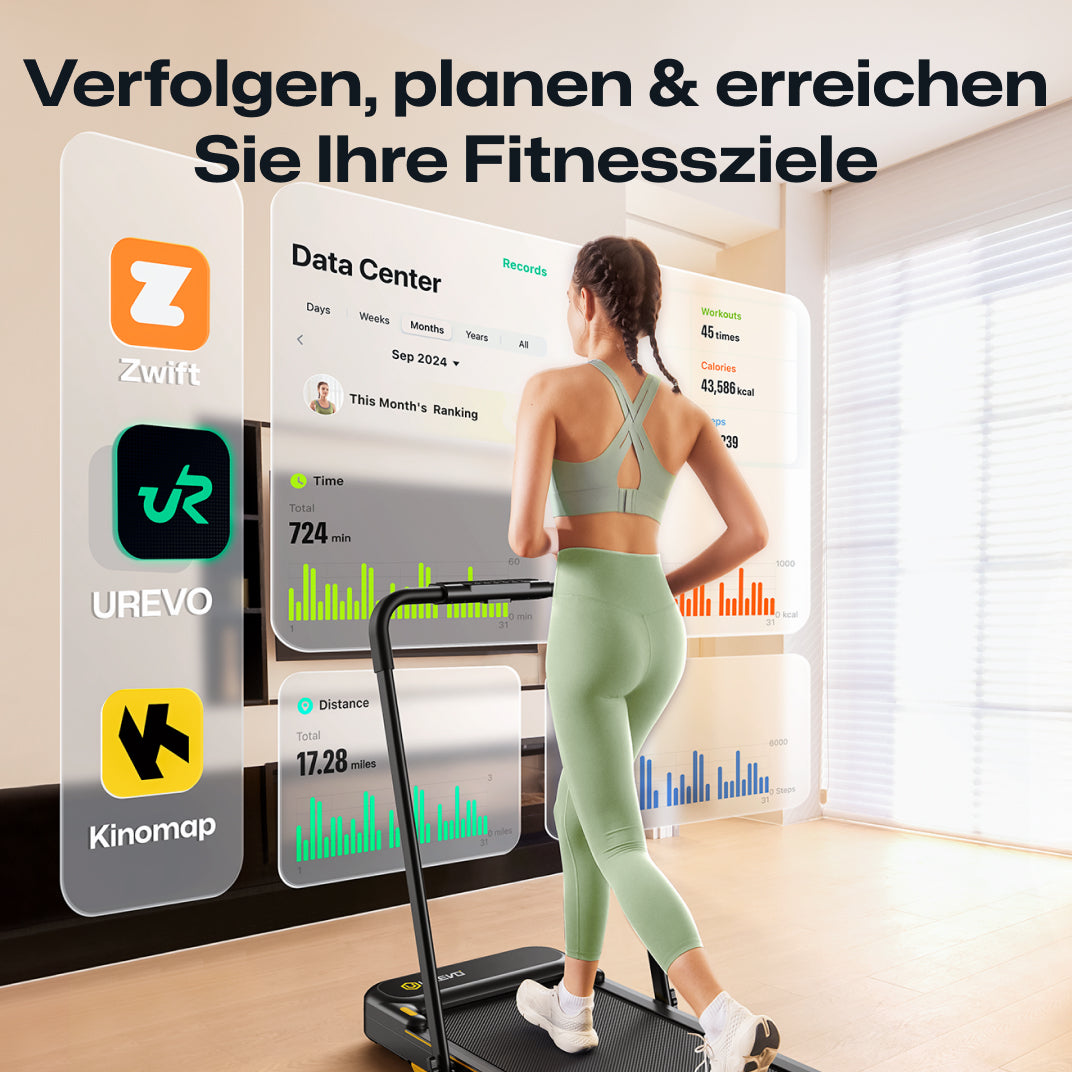 Das UREVO Strol 2E Smart-Laufband hilft beim Verfolgen, Planen und Erreichen von Fitnesszielen mit Apps wie Zwift, UREVO und Kinomap zur Datenanalyse.