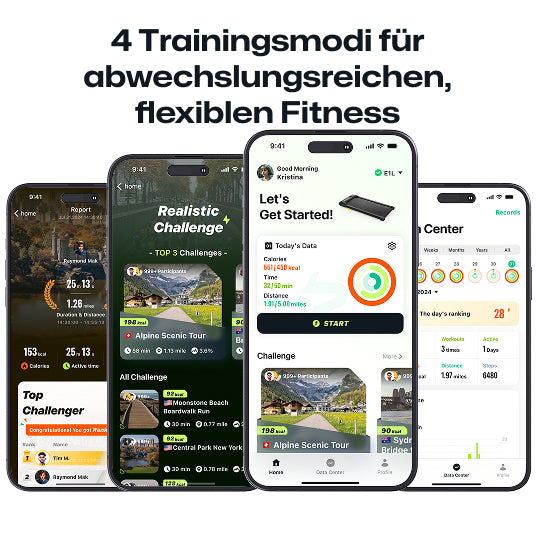 Die UREVO-App bietet 4 Trainingsmodi für unterhaltsame, flexible Fitness, einschließlich realistischer Herausforderungen und detaillierter Datenverfolgung.
