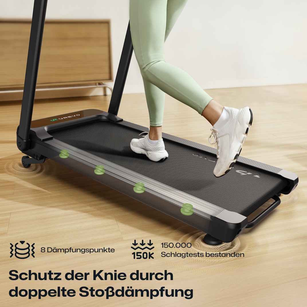 Das UREVO Foldi 3S Laufband verfügt über eine 8-Punkt-Stoßdämpfung, die auf 150.000 Stöße getestet wurde, um die Kniebelastung zu reduzieren.