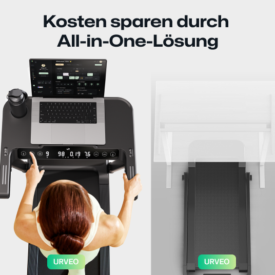 Das UREVO Foldi 3S Laufband spart Kosten, indem es Trainings- und Arbeitsbereichsfunktionen in einem vielseitigen Gerät kombiniert.