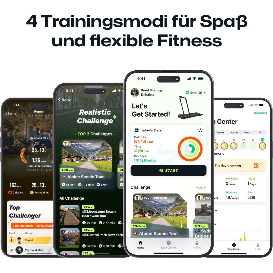 Die UREVO-App bietet 4 Trainingsmodi für unterhaltsame, flexible Fitness, einschließlich realistischer Herausforderungen und Datenverfolgung.