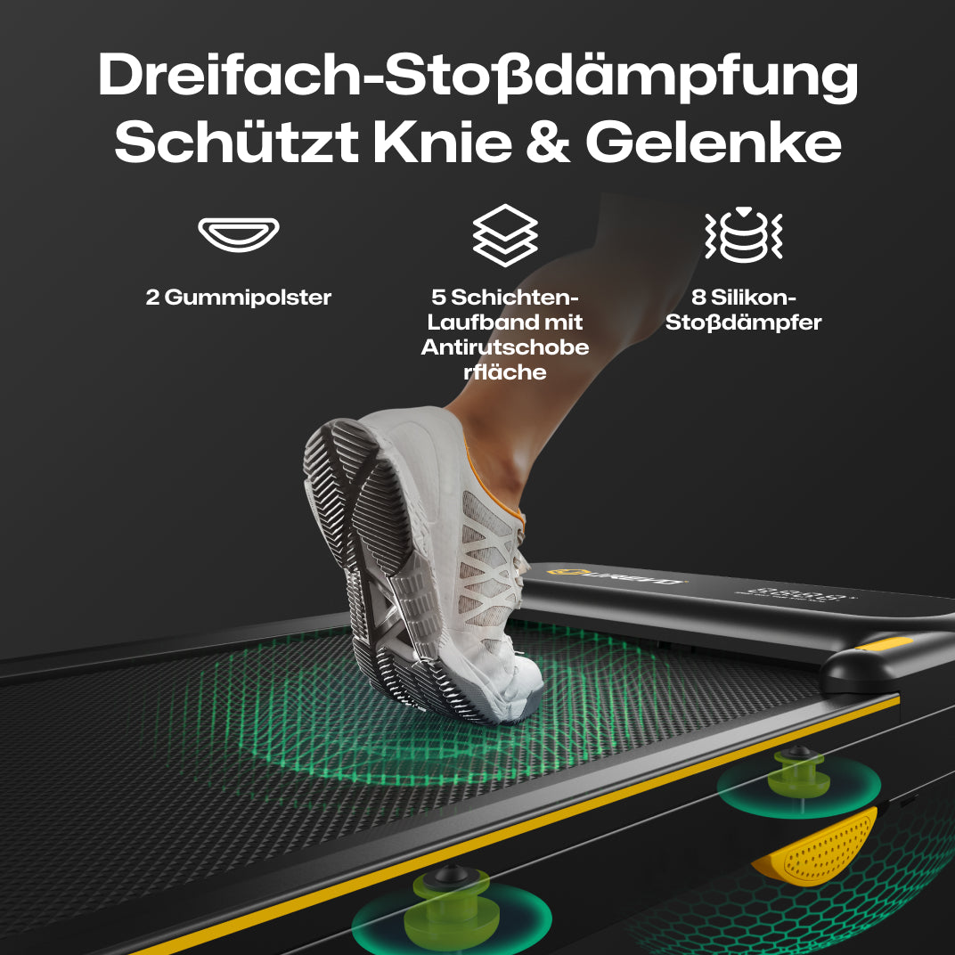 Das UREVO Strol 2E Smart Laufband verfügt über eine dreifache Stoßdämpfung mit Gummipolstern, geschichteten Laufbändern und Silikonstoßdämpfern zum Schutz von Knien und Gelenken.
