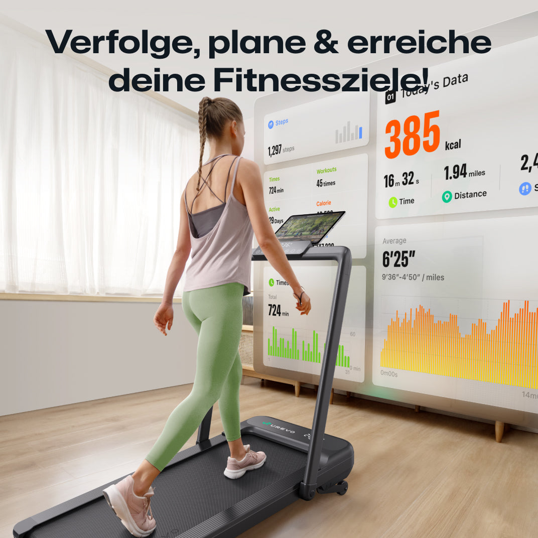 Das UREVO Strol 2S Pro Laufband hilft mit interaktiver Datenanzeige beim Verfolgen, Planen und Erreichen von Fitnesszielen.