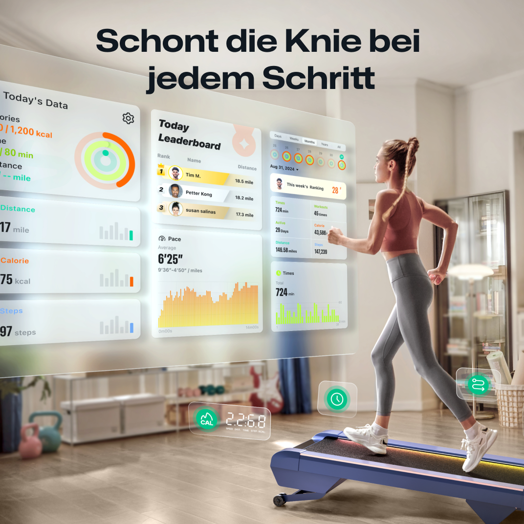 Eine Frau läuft auf einem UREVO CyberPad für das Heimlaufband und nutzt ein interaktives Display, um Fitnessziele zu verfolgen, zu planen und zu erreichen.