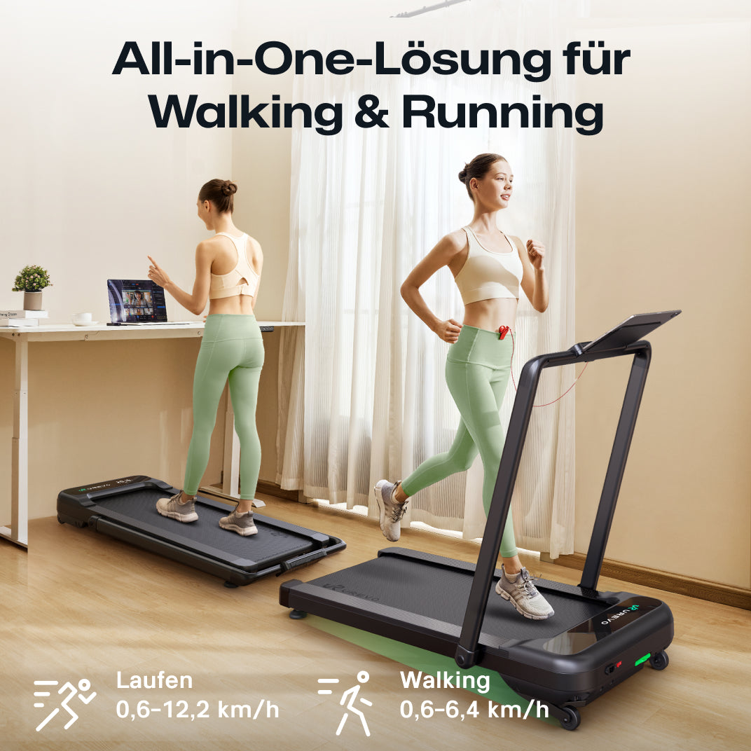 Das UREVO Strol 2S Pro Laufband bietet eine All-in-One-Lösung zum Gehen und Laufen, mit Geschwindigkeiten von 0,6 bis 7,6 MPH.