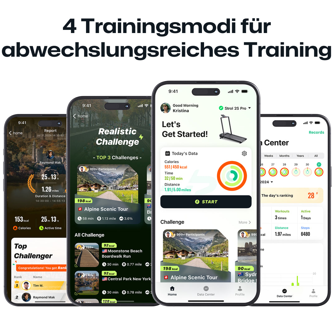 Die UREVO-App bietet 4 Trainingsmodi für unterhaltsame, flexible Fitness, einschließlich realistischer Herausforderungen und Datenverfolgung.