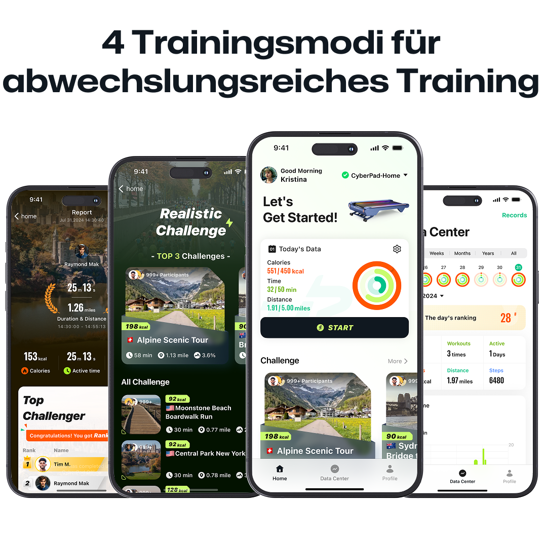 UREVO CyberPad für das Heimlaufband bietet 4 Trainingsmodi für unterhaltsames, flexibles Fitnesstraining mit App-Funktionen wie Herausforderungen und Datenverfolgung.