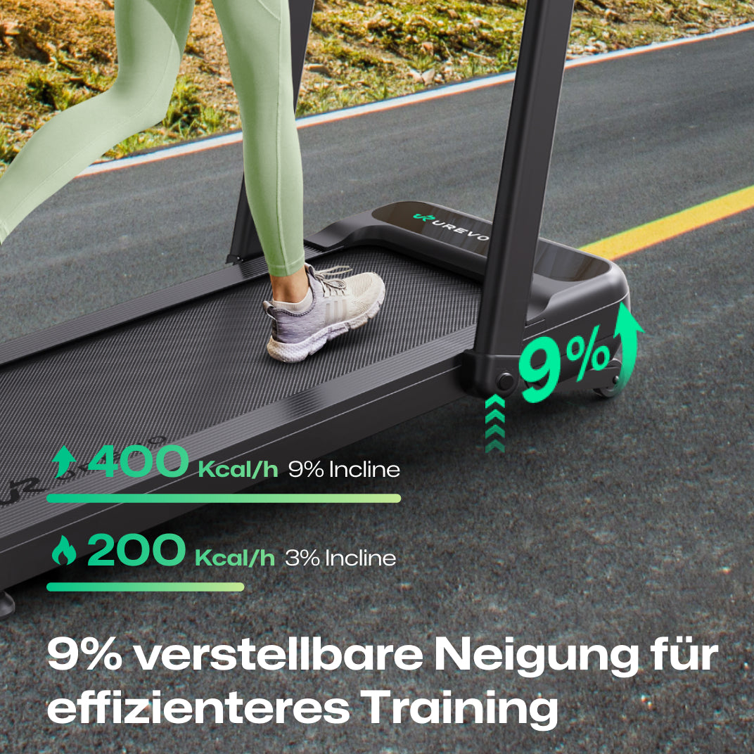 Das UREVO Strol 2S Pro Laufband verfügt über eine einstellbare Steigung von 9 %, um die Trainingseffizienz zu steigern.