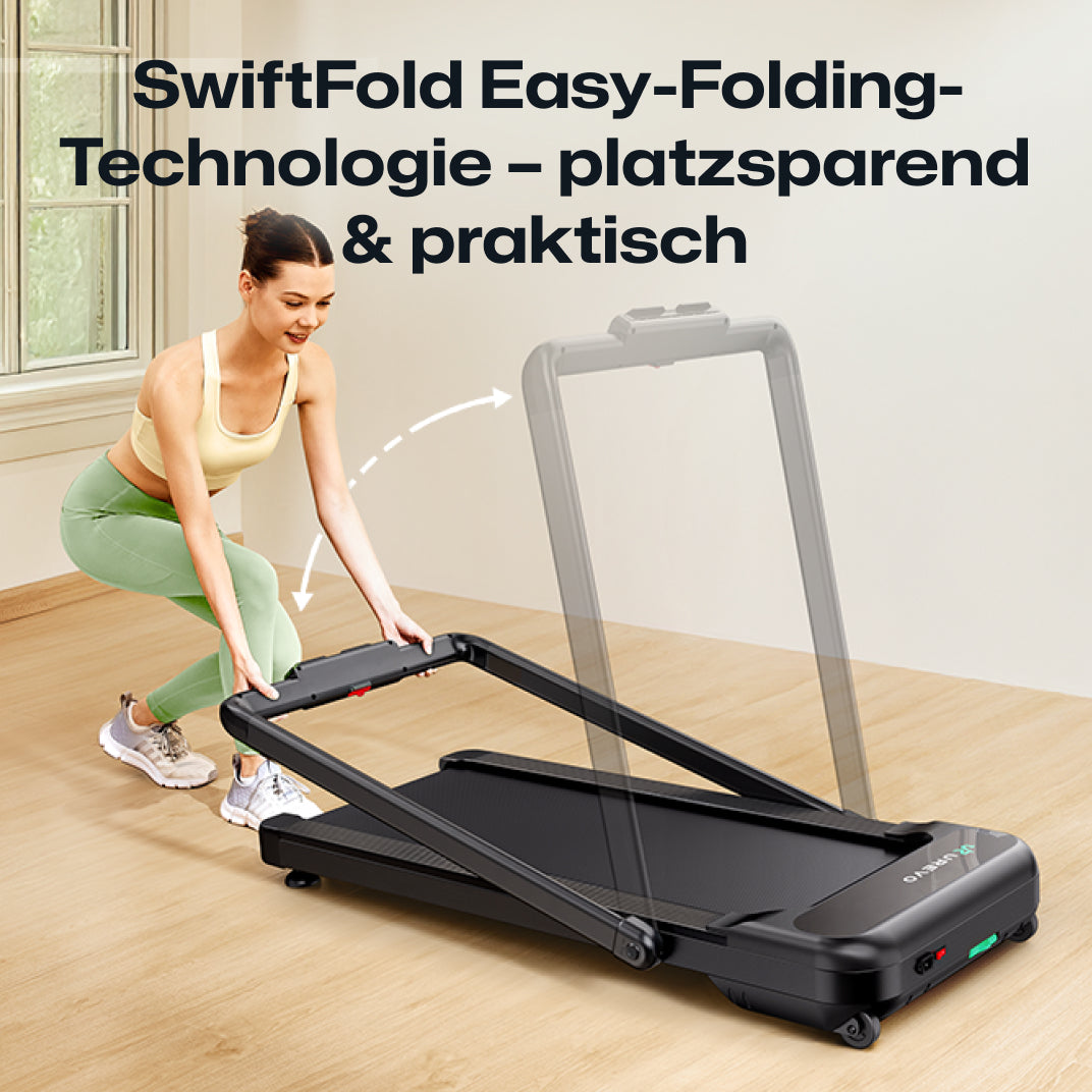 Das UREVO Strol 2S Pro Laufband ist mit der SwiftFold™ Technologie ausgestattet, die das Zusammenklappen erleichtert.