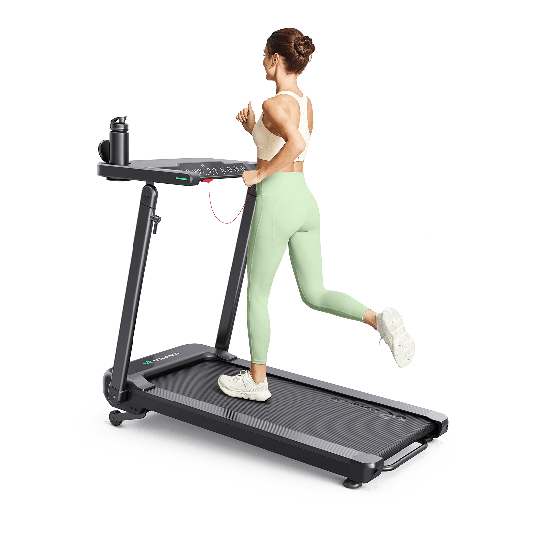 Eine Frau läuft auf einem UREVO Foldi 3S-Laufband und präsentiert dessen kompaktes Design und glatte Lauffläche.