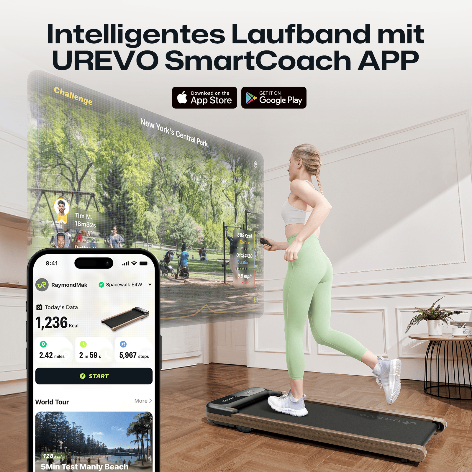 UREVO Spacewalk E4 Smartes Laufband mit UREVO Smartcoach APP – Tracken Sie Fortschritte und fordern Sie sich heraus.